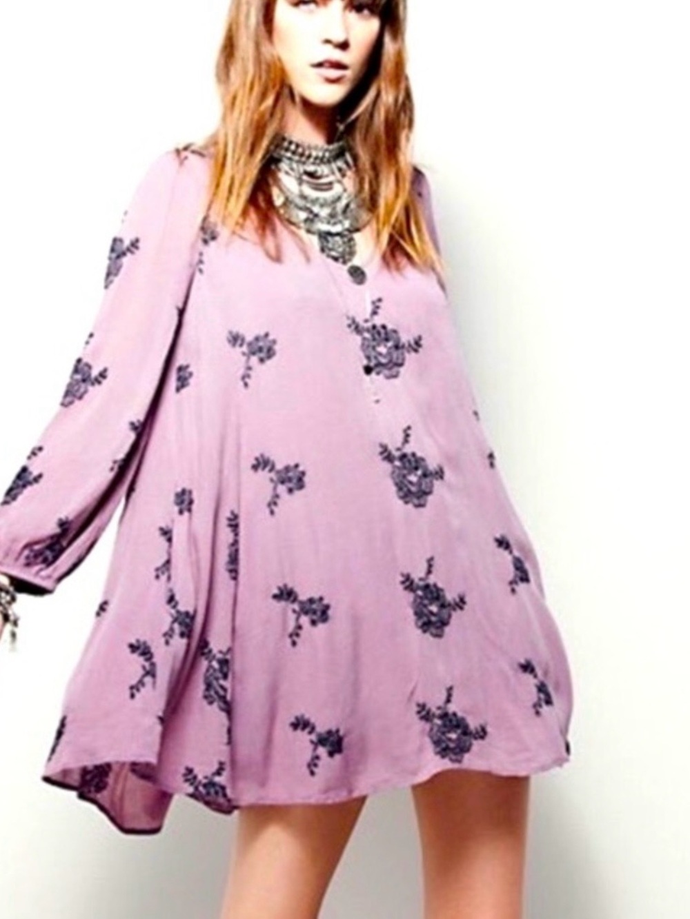 Free People Lavender Emily Mini Dress with Dark Purple Floral Embroidery